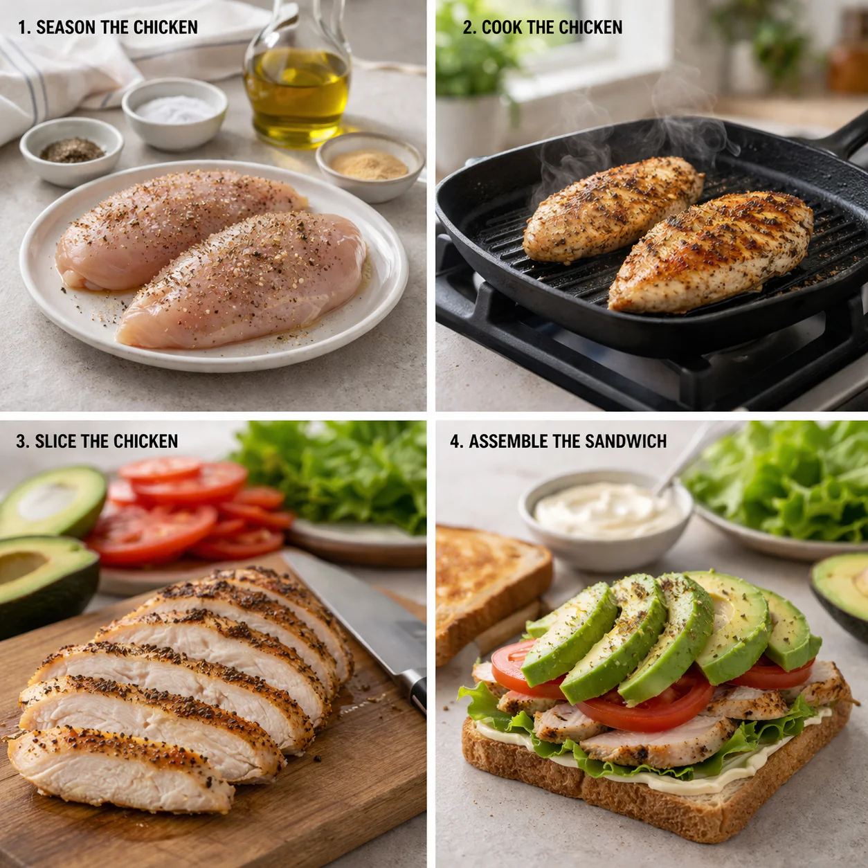 Step by step cooking of grilled chicken and avocado club