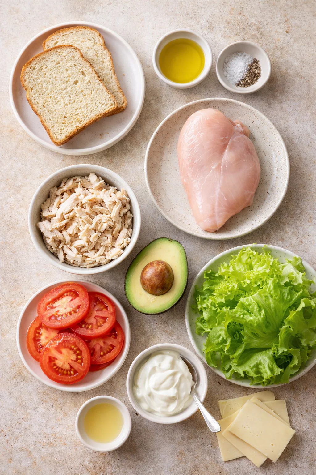 Ingredients for grilled chicken club sandwich arranged on a board