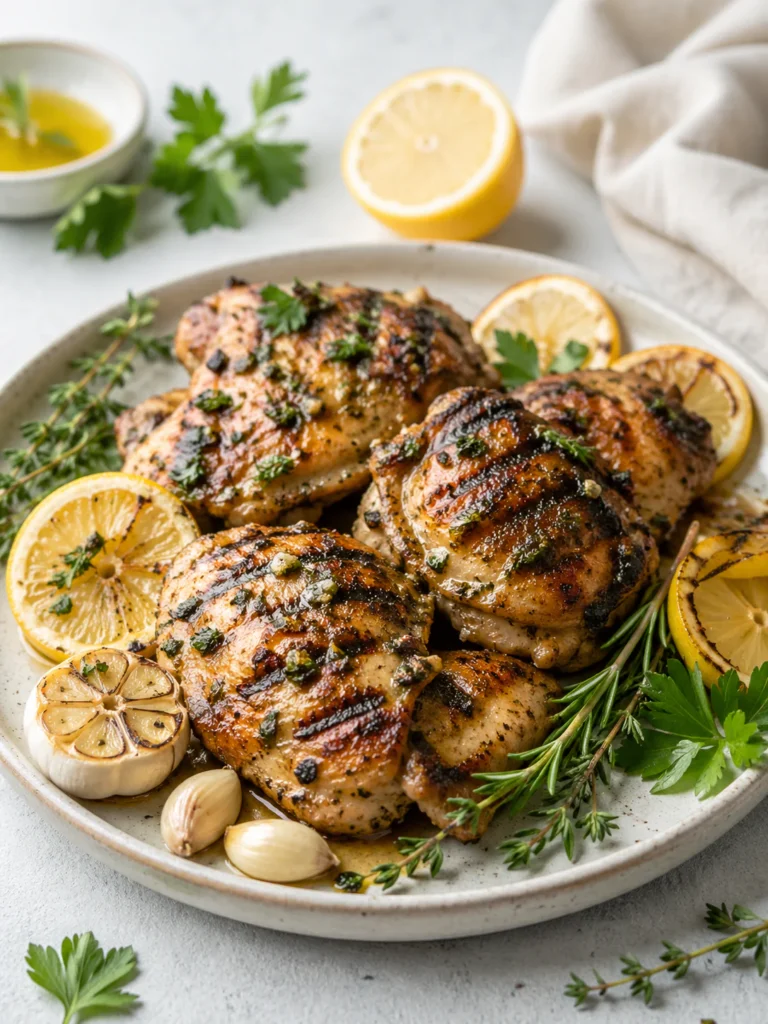 Grilled chicken thighs with garlic herb marinade, lemon, garlic, and herbs.