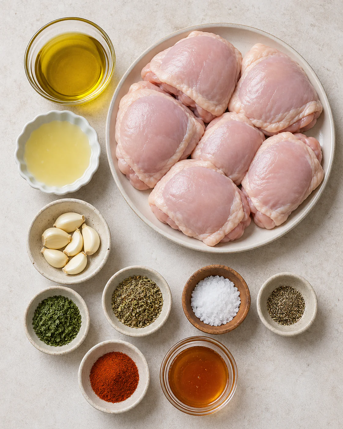 Ingredients for grilled chicken thighs with garlic herb marinade