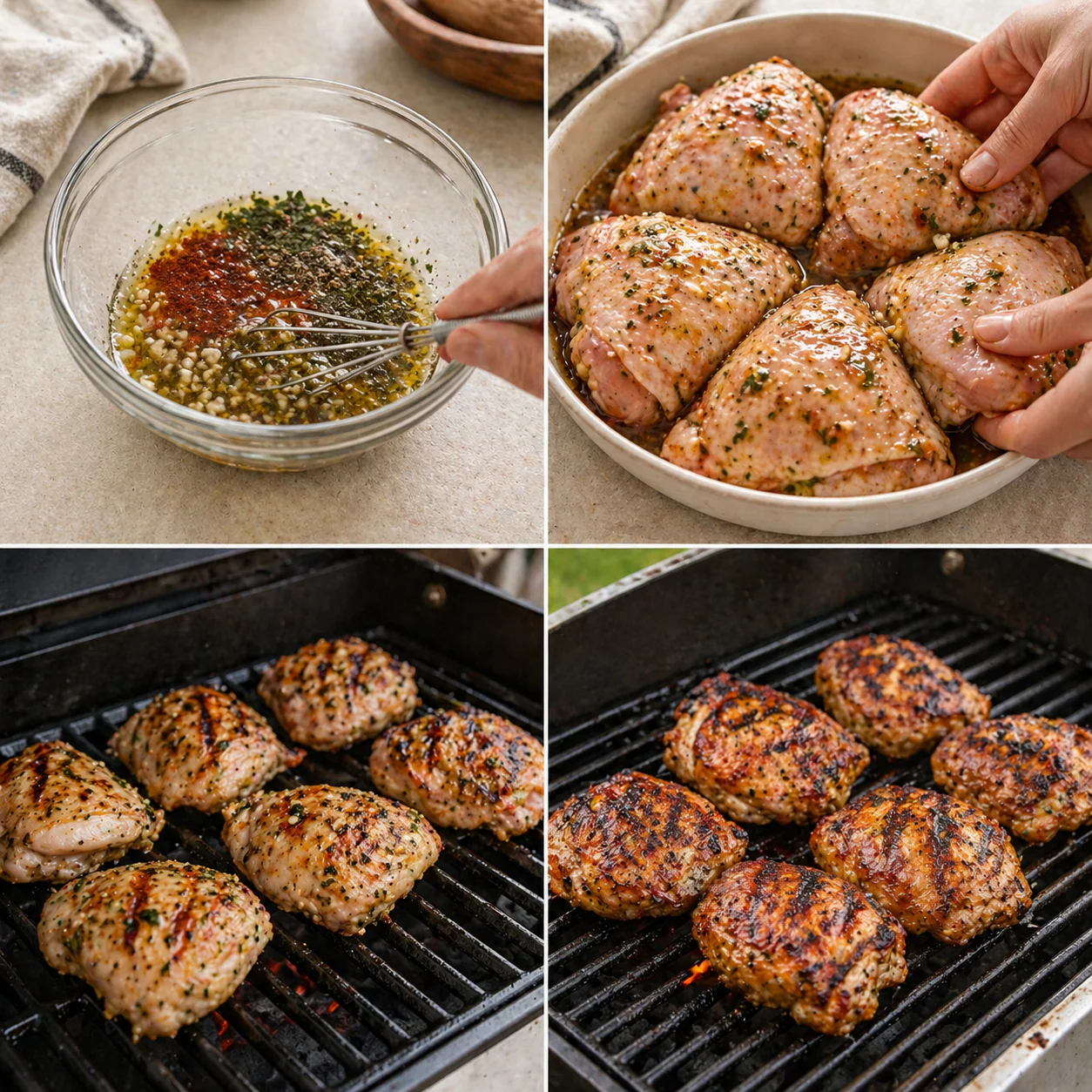 Step-by-step grilled chicken thighs on the grill