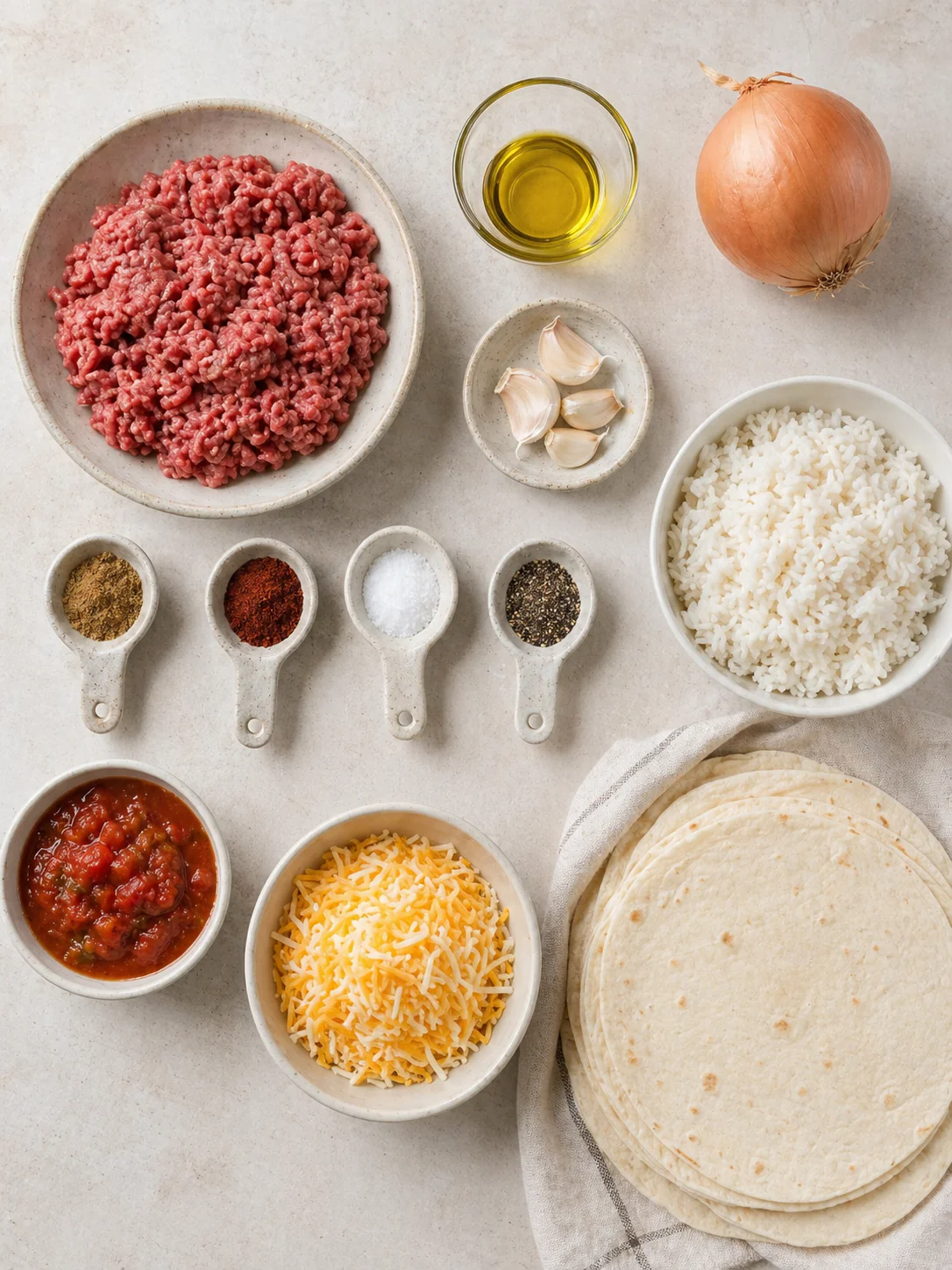 Ingredients for ground beef and rice freezer burritos