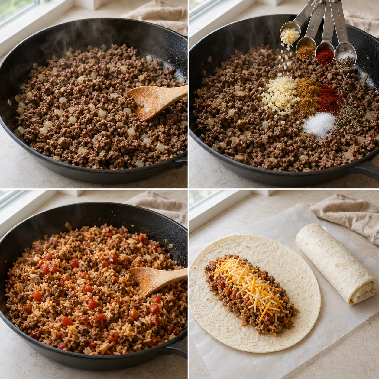 Step-by-step preparation of ground beef and rice freezer burritos
