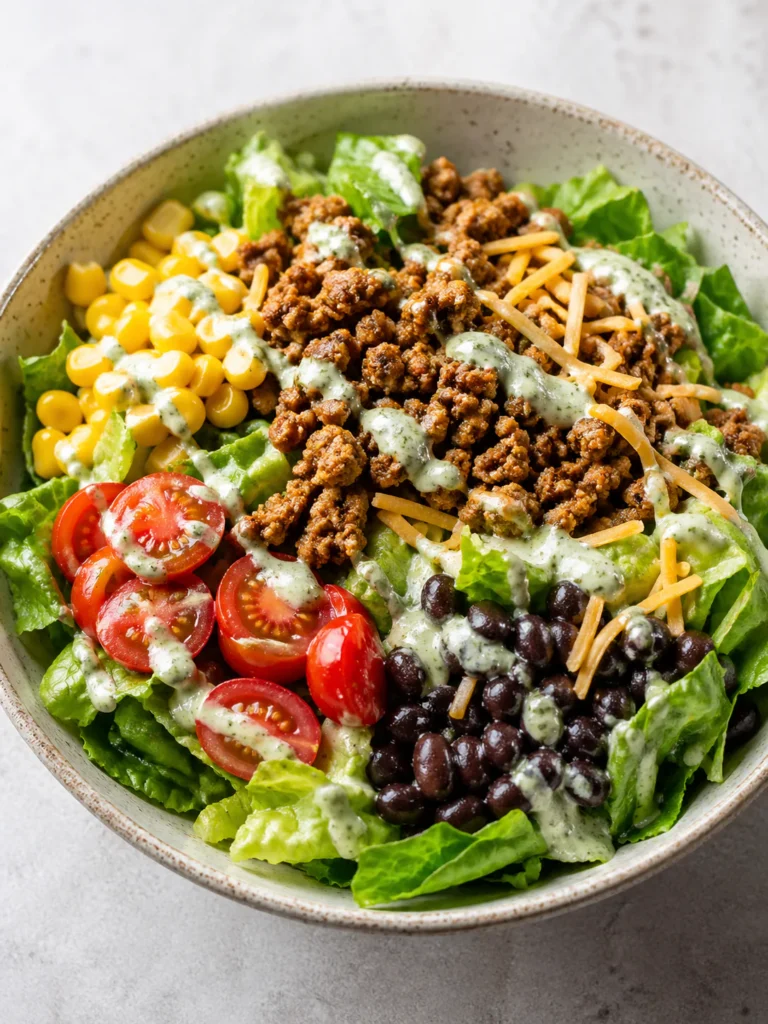 Ground turkey taco salad bowl with lettuce, beans, corn, tomatoes, cheddar, and lime dressing