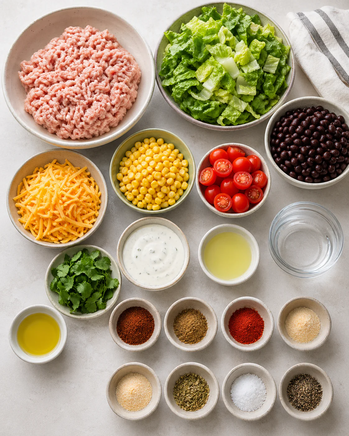 Ingredients for ground turkey taco salad bowl including turkey, lettuce, beans, corn, tomatoes, cheese, and dressing