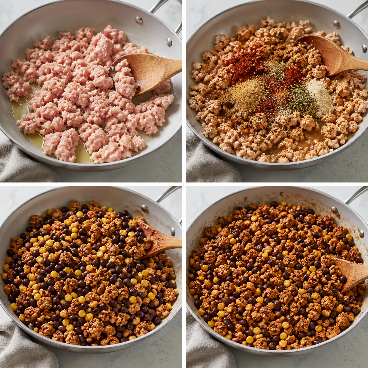 Step-by-step preparation of ground turkey taco salad bowl