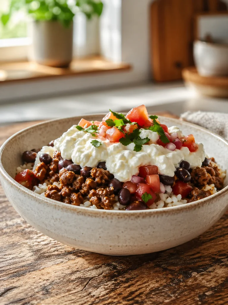 High protein cottage cheese taco bowl with beef, rice, beans, salsa, and creamy sauce.
