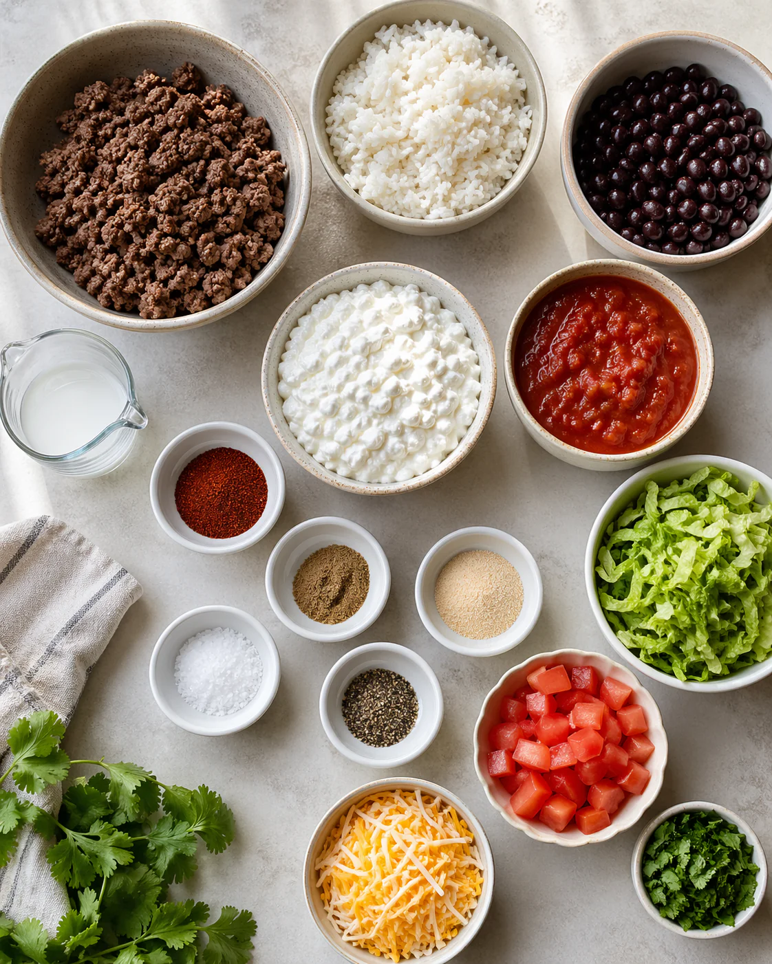 Bowl ingredients for cottage cheese taco bowl