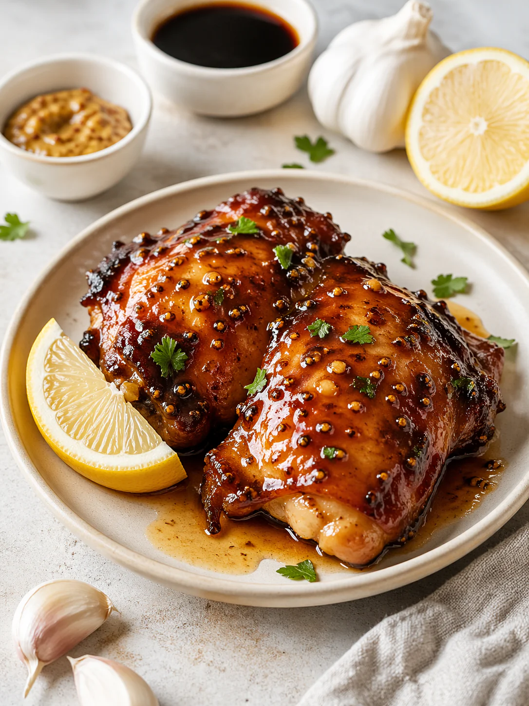 Honey garlic chicken thighs on a plate