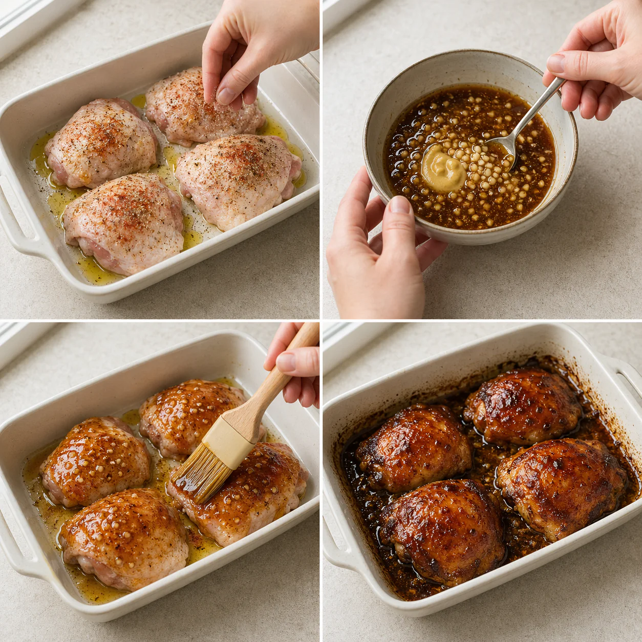 Chicken thighs being brushed with honey garlic sauce