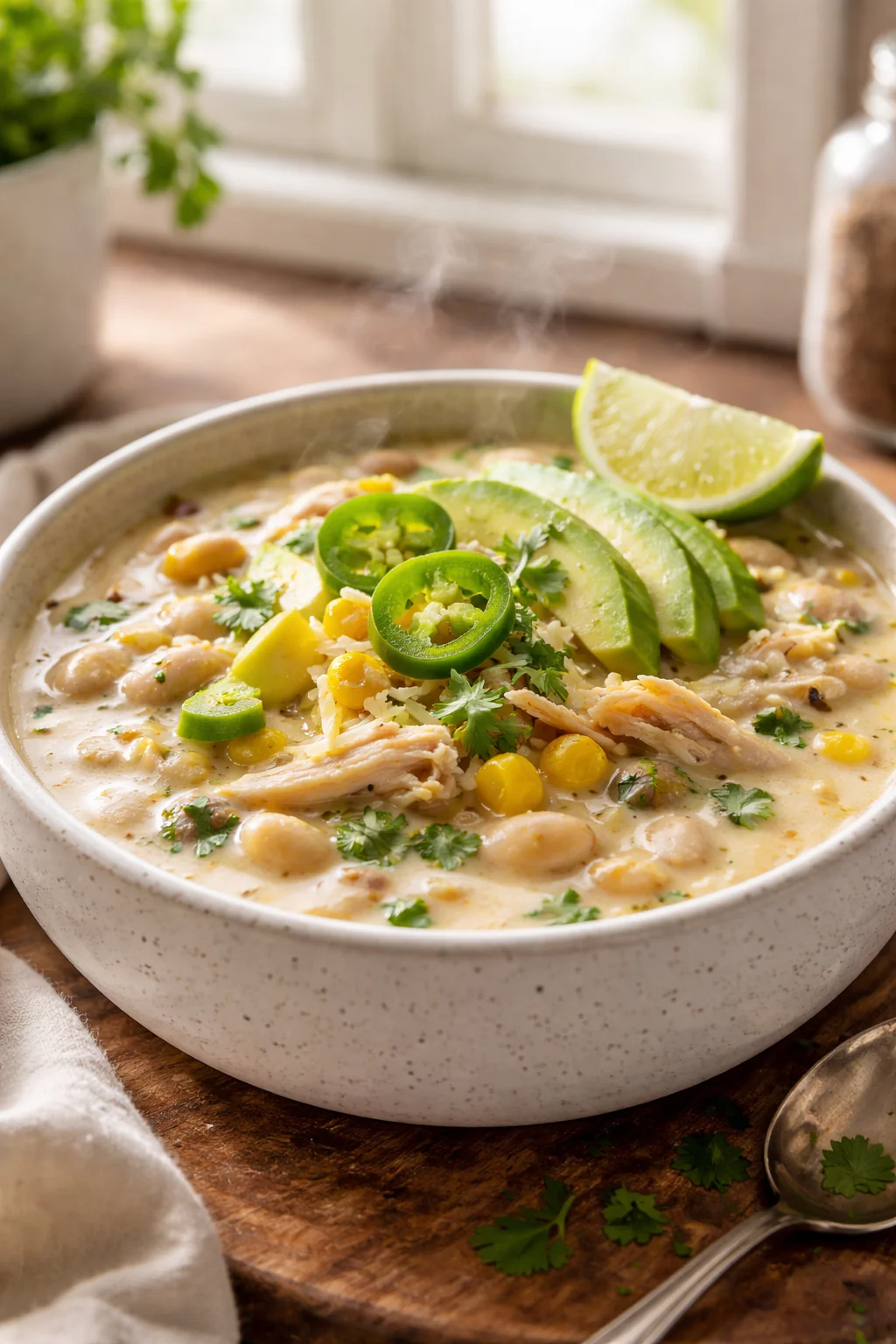 Bowl of instant pot white chicken chili topped with cilantro and avocado