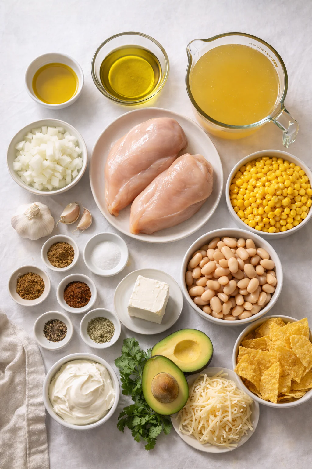 Ingredients for instant pot white chicken chili arranged on a surface