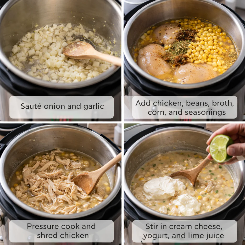 Cooking steps for white chicken chili in an Instant Pot