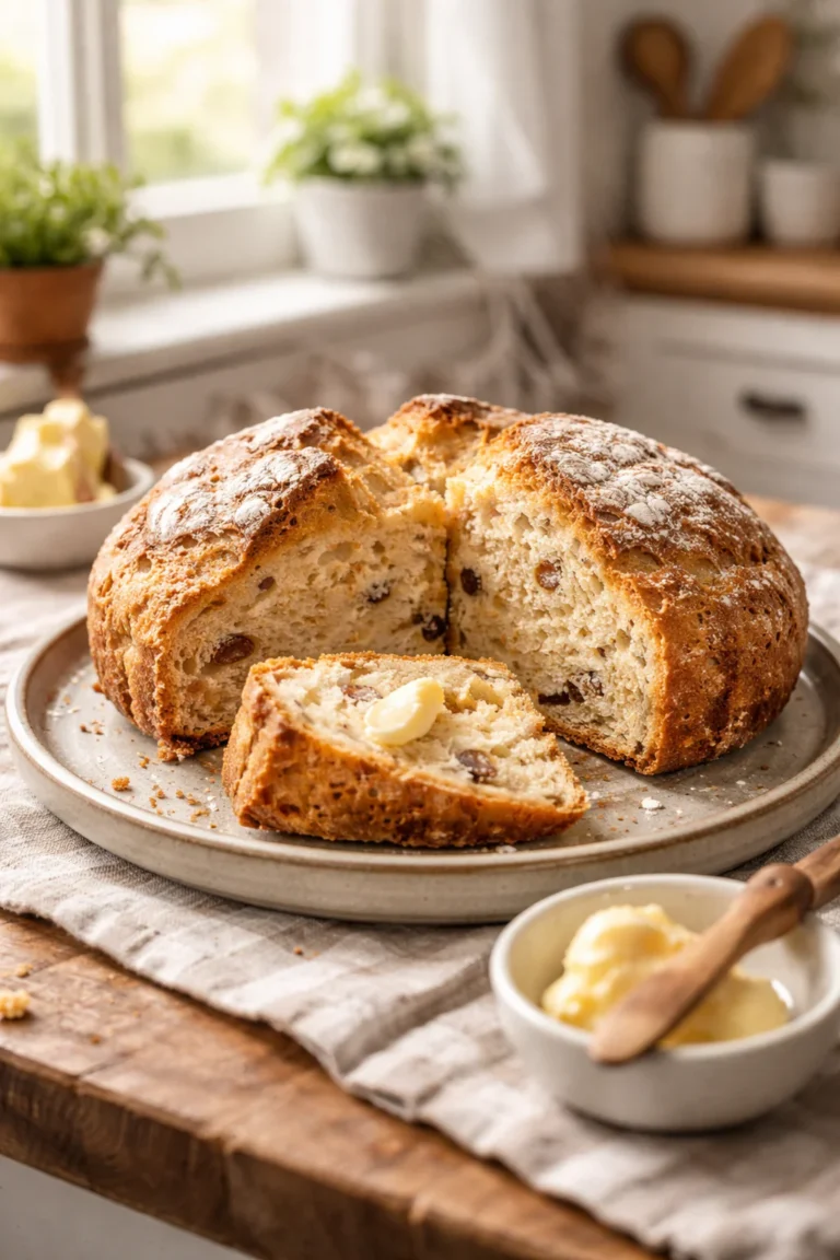 Irish soda bread small loaf sliced on rustic plate