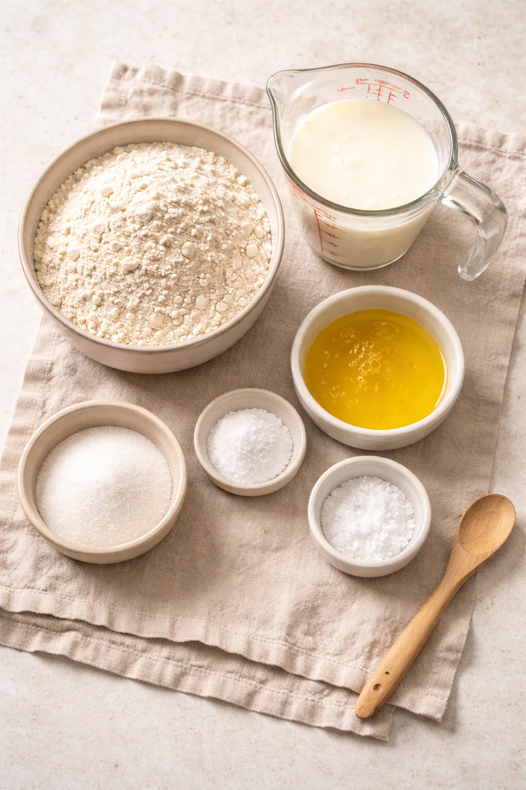 Bowl of flour and small bowls of baking soda and salt with a jug of buttermilk