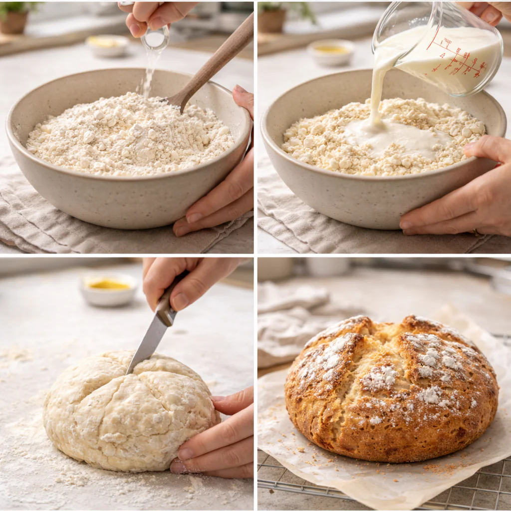 Shaped soda bread ready to be scored and baked on a lined baking sheet