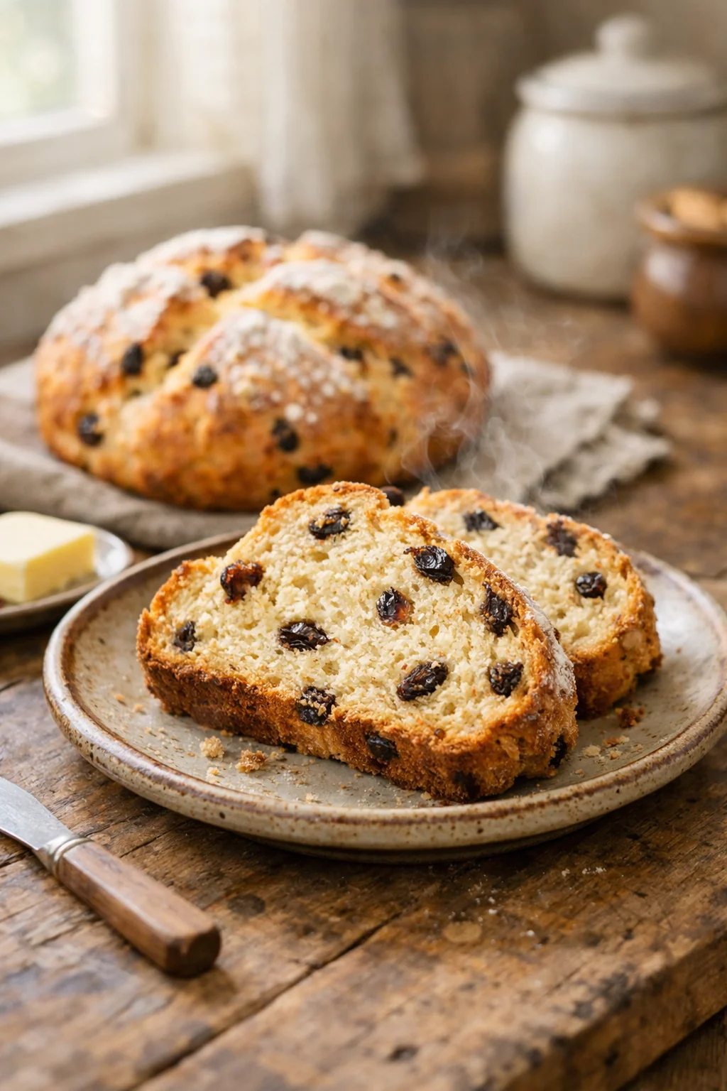 Loaf of Irish soda bread with raisins on a wooden board