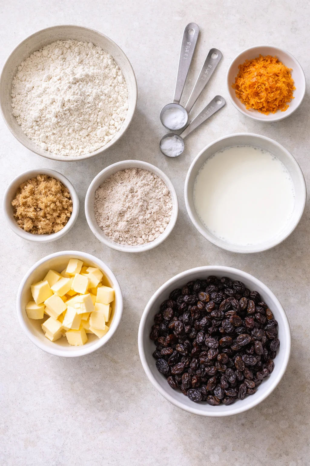 Measured ingredients for Irish soda bread on a counter