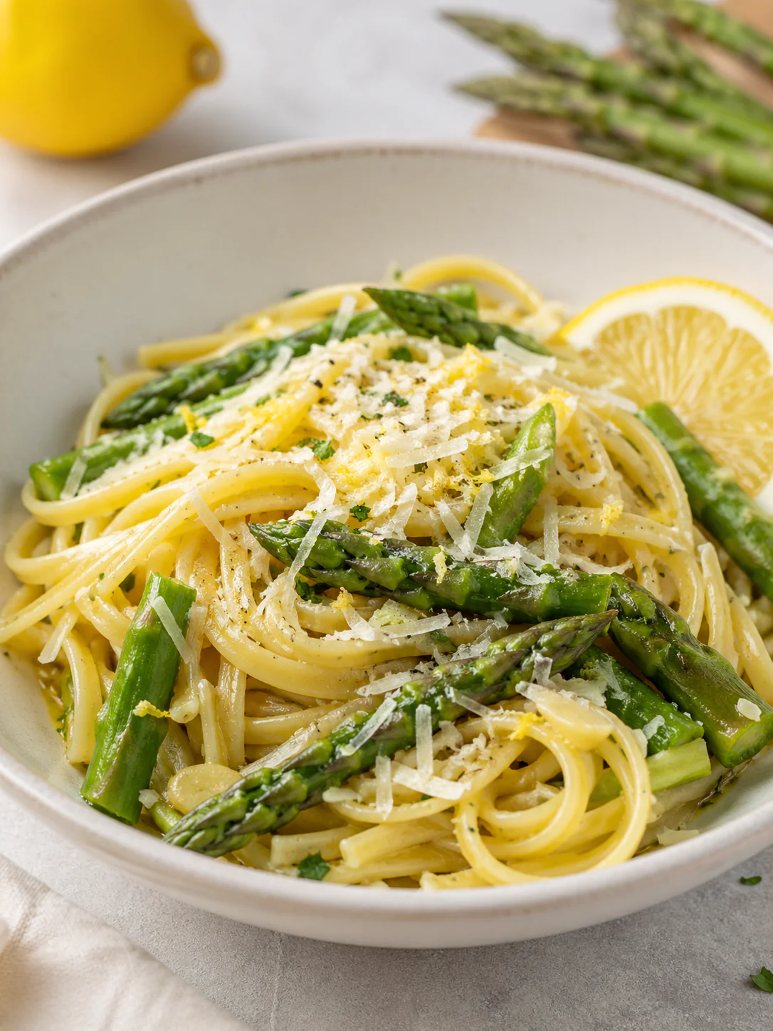 Lemon asparagus pasta with parmesan served in a light spring pasta dish