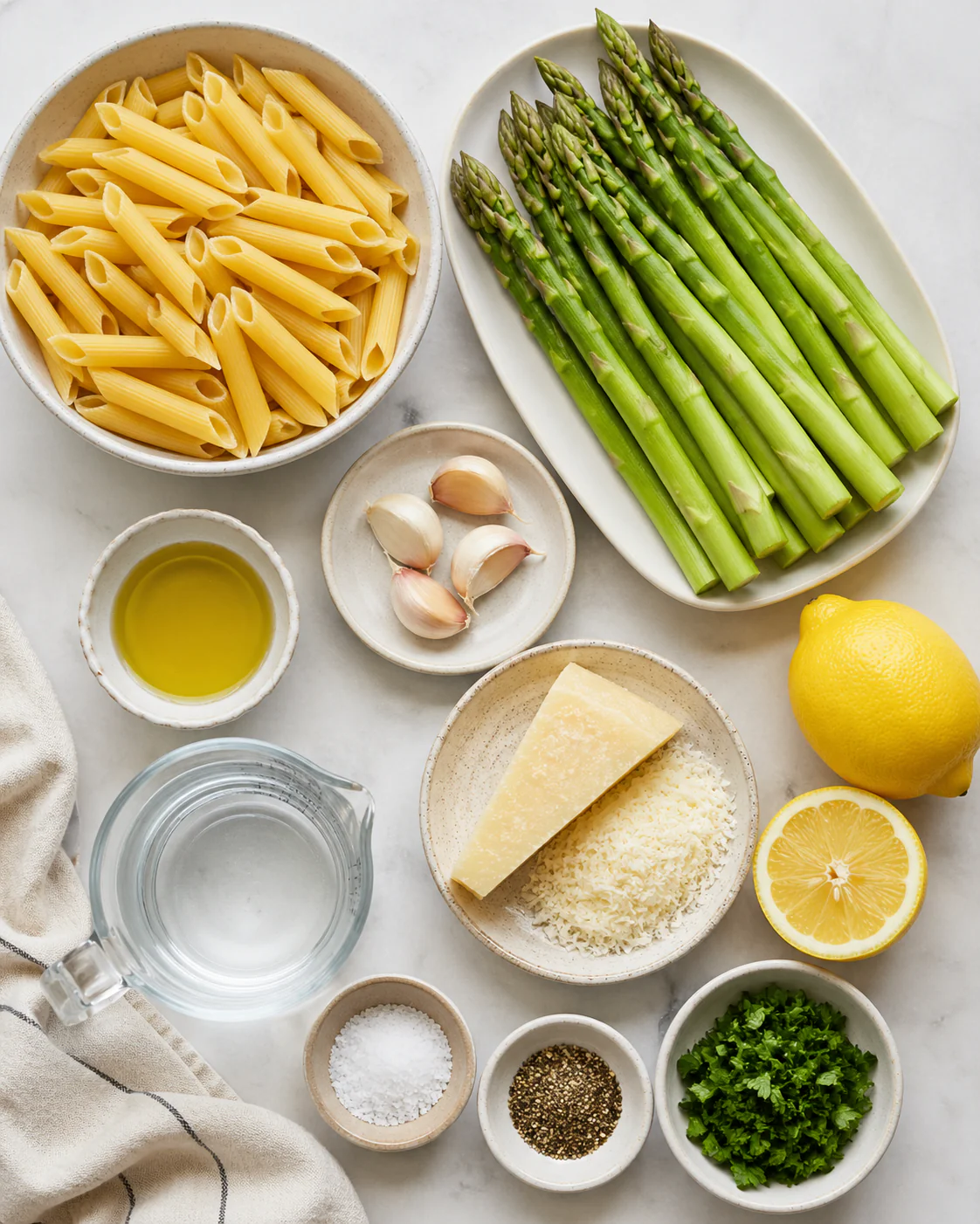 Ingredients for lemon asparagus pasta with parmesan