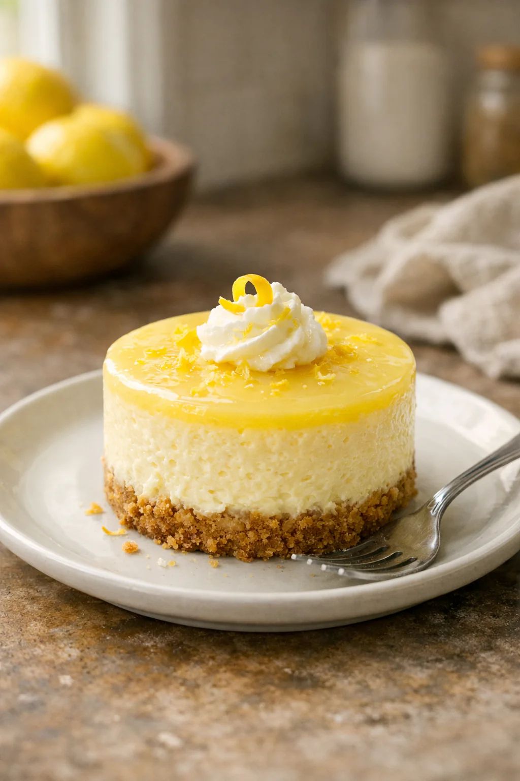 Mini lemon cheesecake with lemon slice and berries