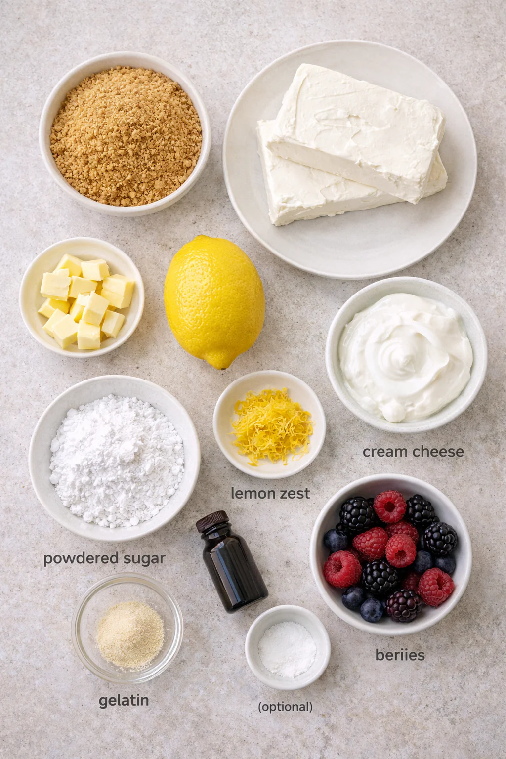 Ingredients for mini lemon cheesecake on a table
