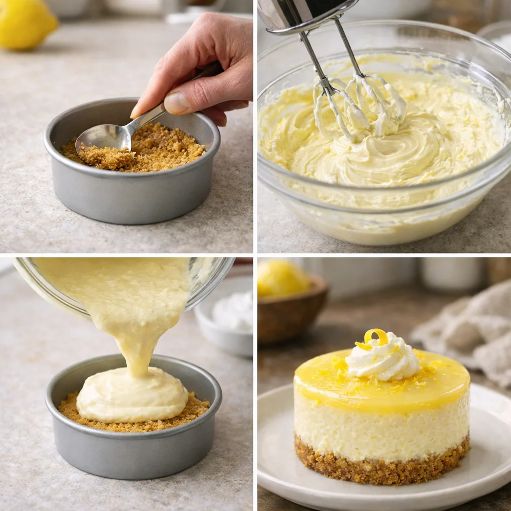 Preparing lemon cheesecake in a small pan or jar