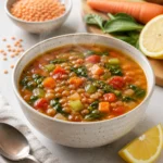 Lentil vegetable soup for gut health with spinach, carrots, tomatoes, and lemon