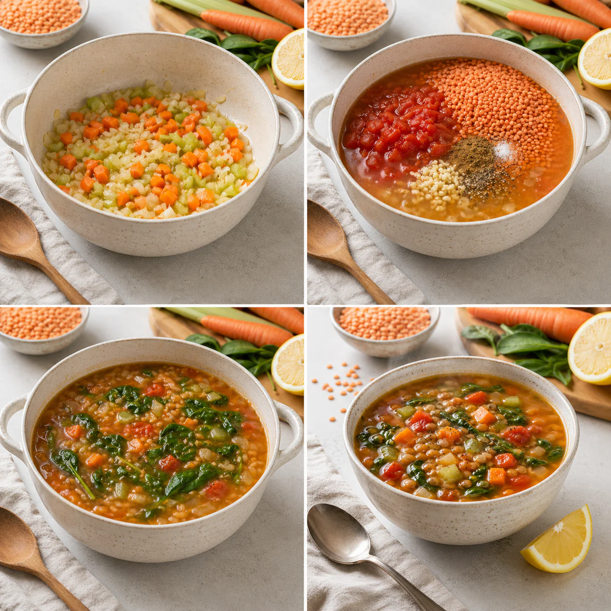 Steps for making lentil vegetable soup