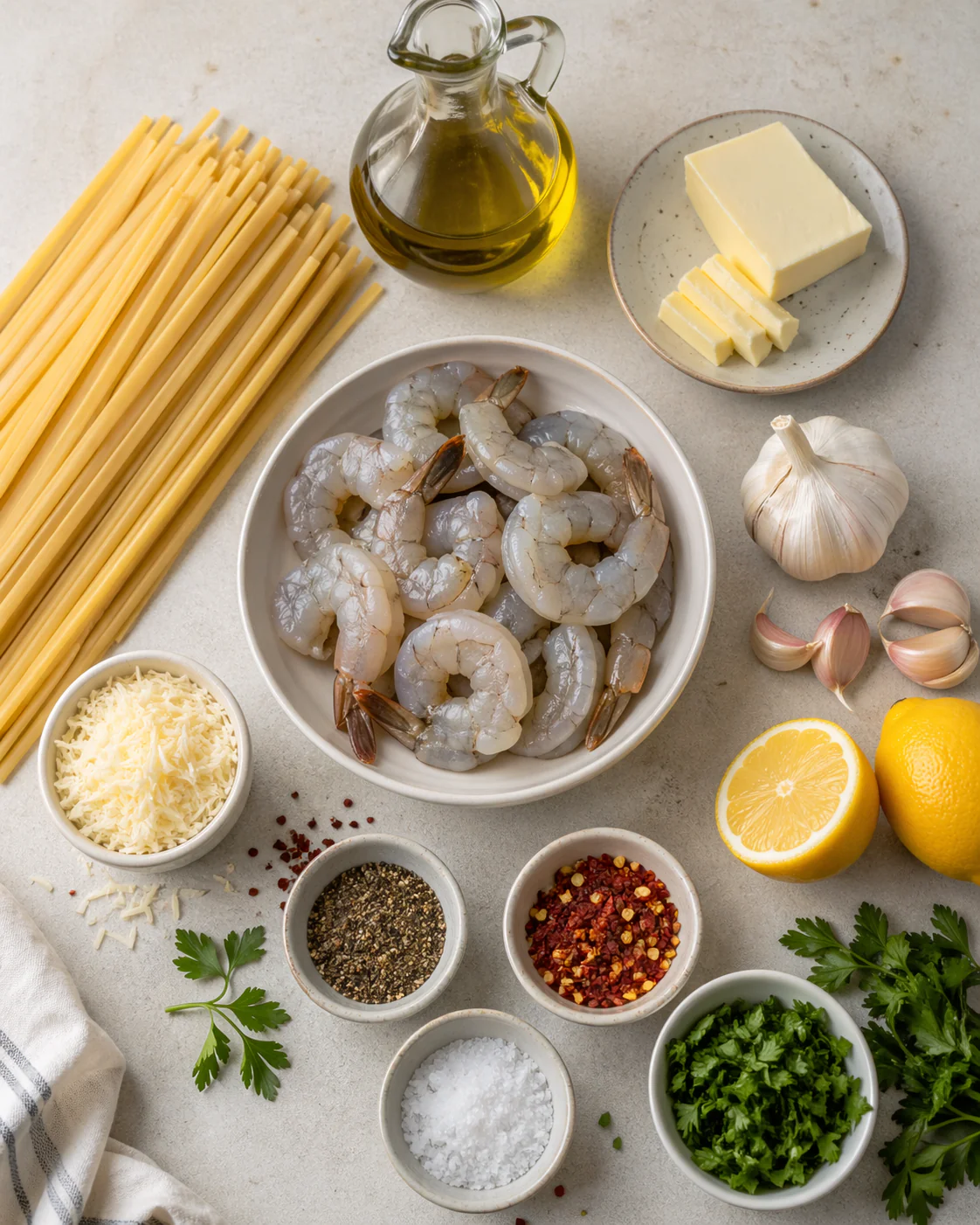 Ingredients for linguine and shrimp scampi laid out on a counter