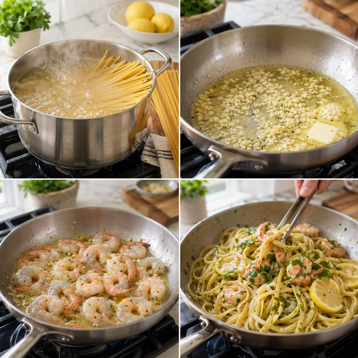 Pan with shrimp scampi being tossed with linguine