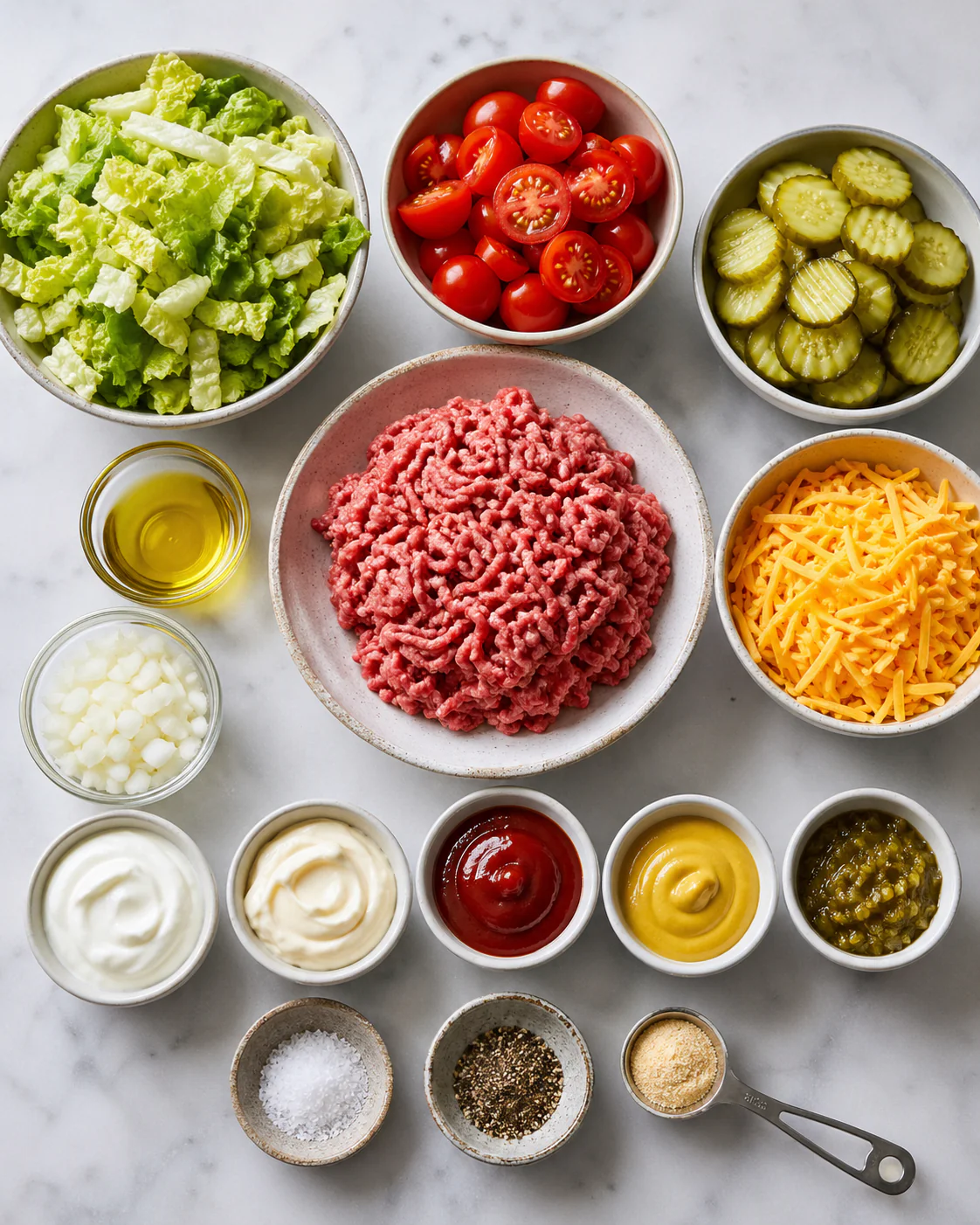 Ingredients for low carb burger bowl with special sauce