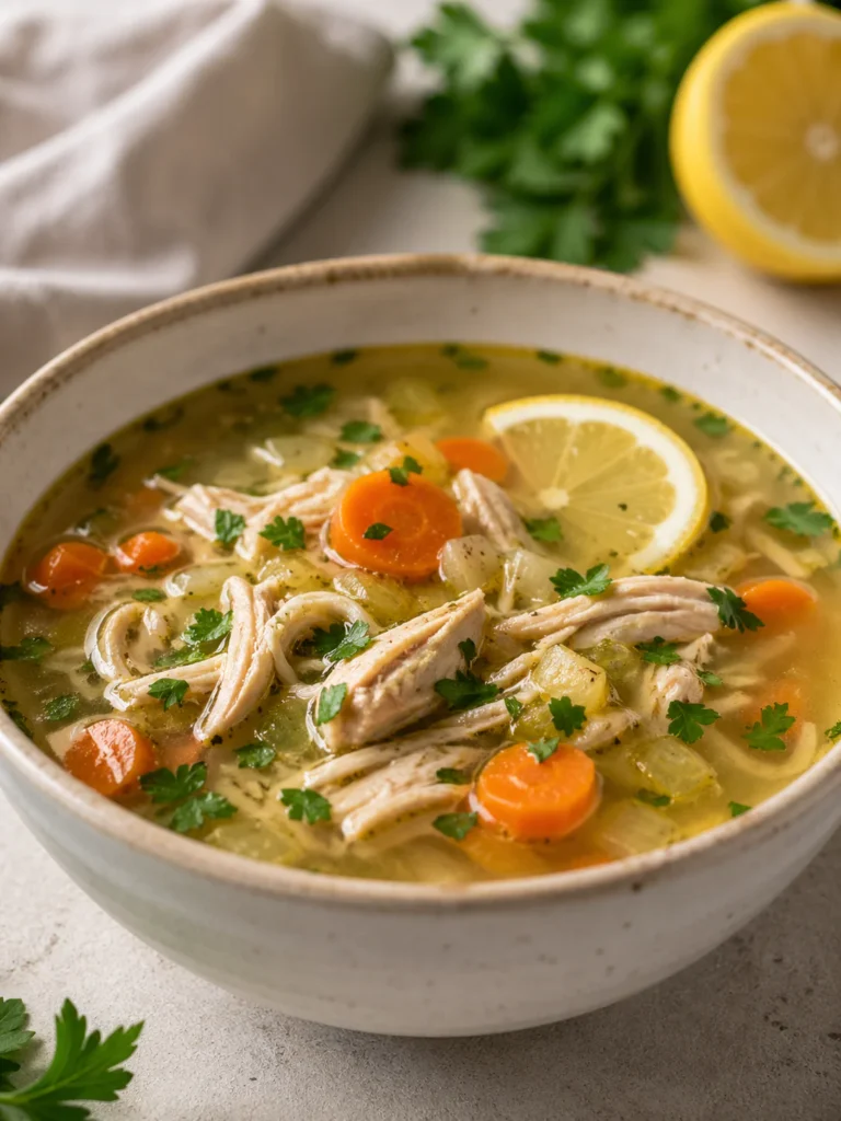 Low-sodium chicken soup with shredded chicken, vegetables, lemon, and parsley.