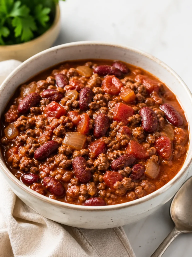 Low sodium ground beef chili with beans and tomatoes