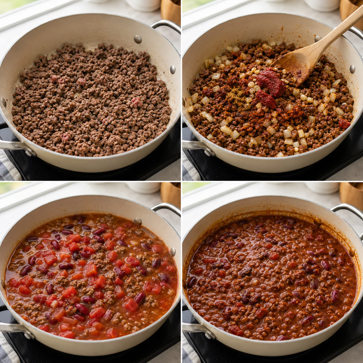 Cooking low-sodium ground beef chili in a pan