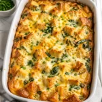 Make ahead egg casserole with bread, cheese, spinach, and chives.