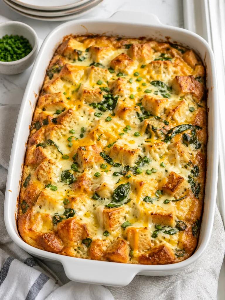 Make ahead egg casserole with bread, cheese, spinach, and chives.
