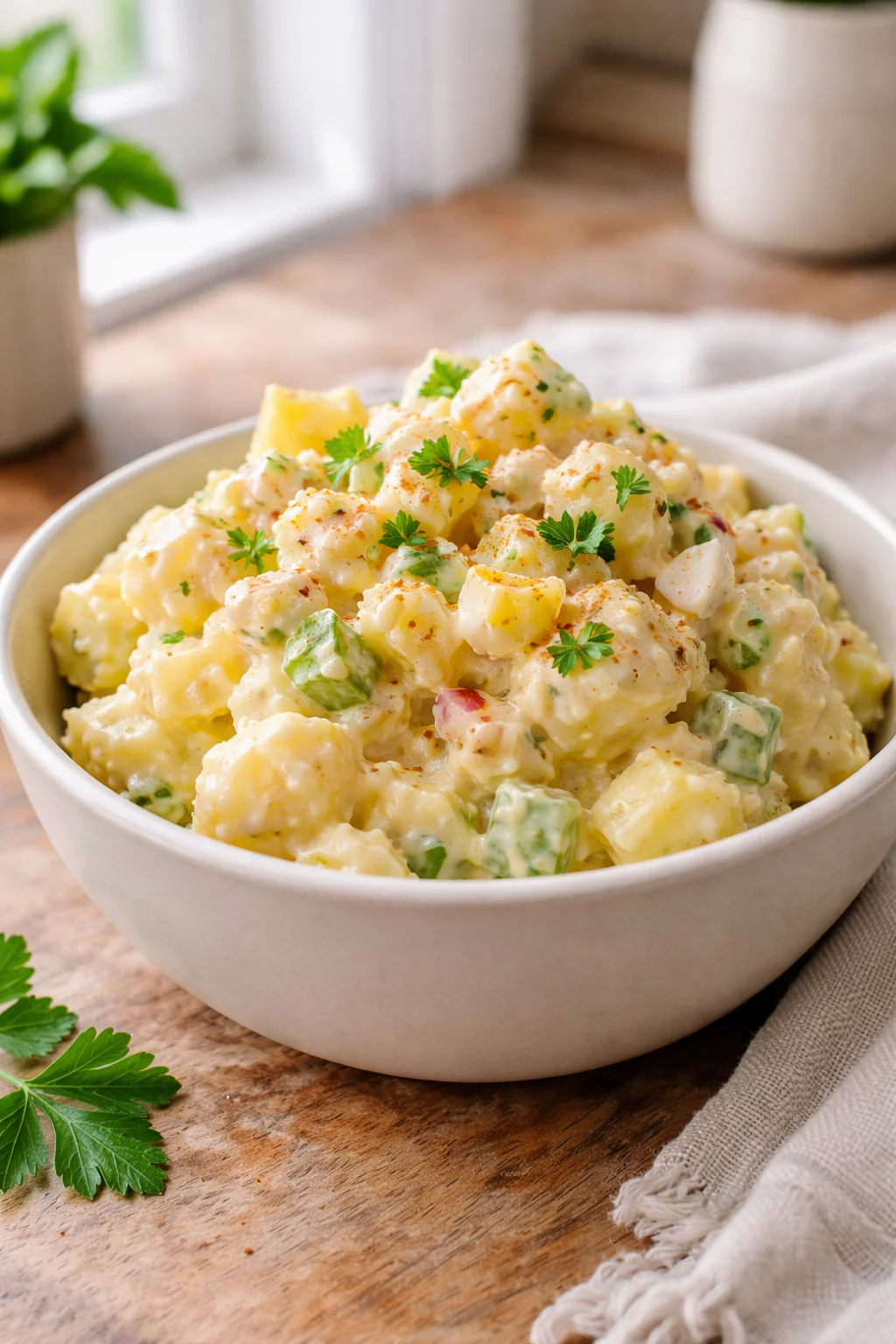 Make ahead potato salad in a bowl ready to serve