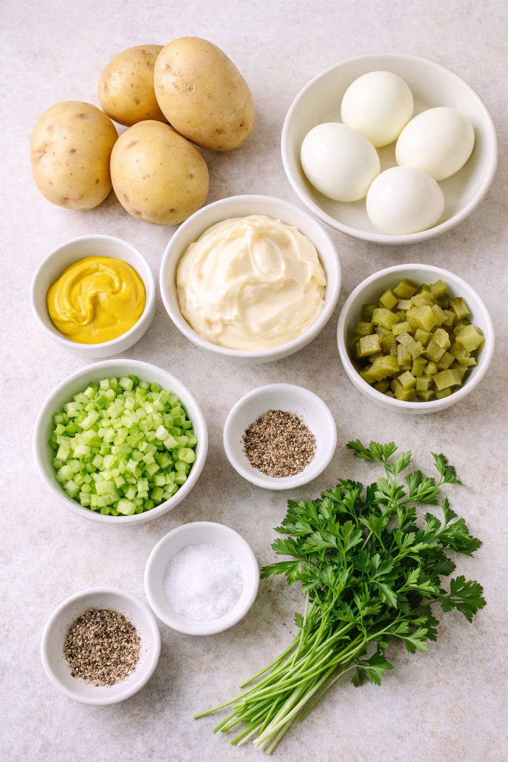Potatoes eggs and other ingredients for potato salad on a counter