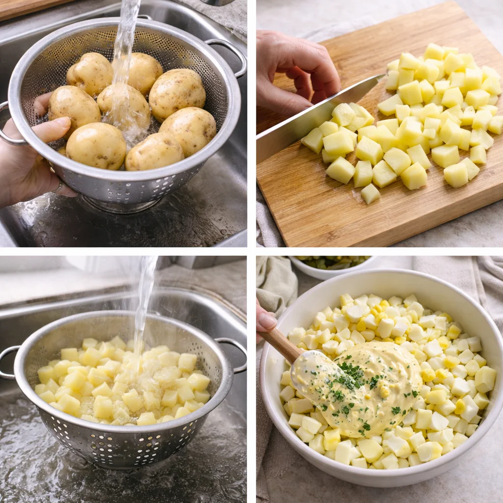 Step by step preparation of potato salad with chopped potatoes and dressing