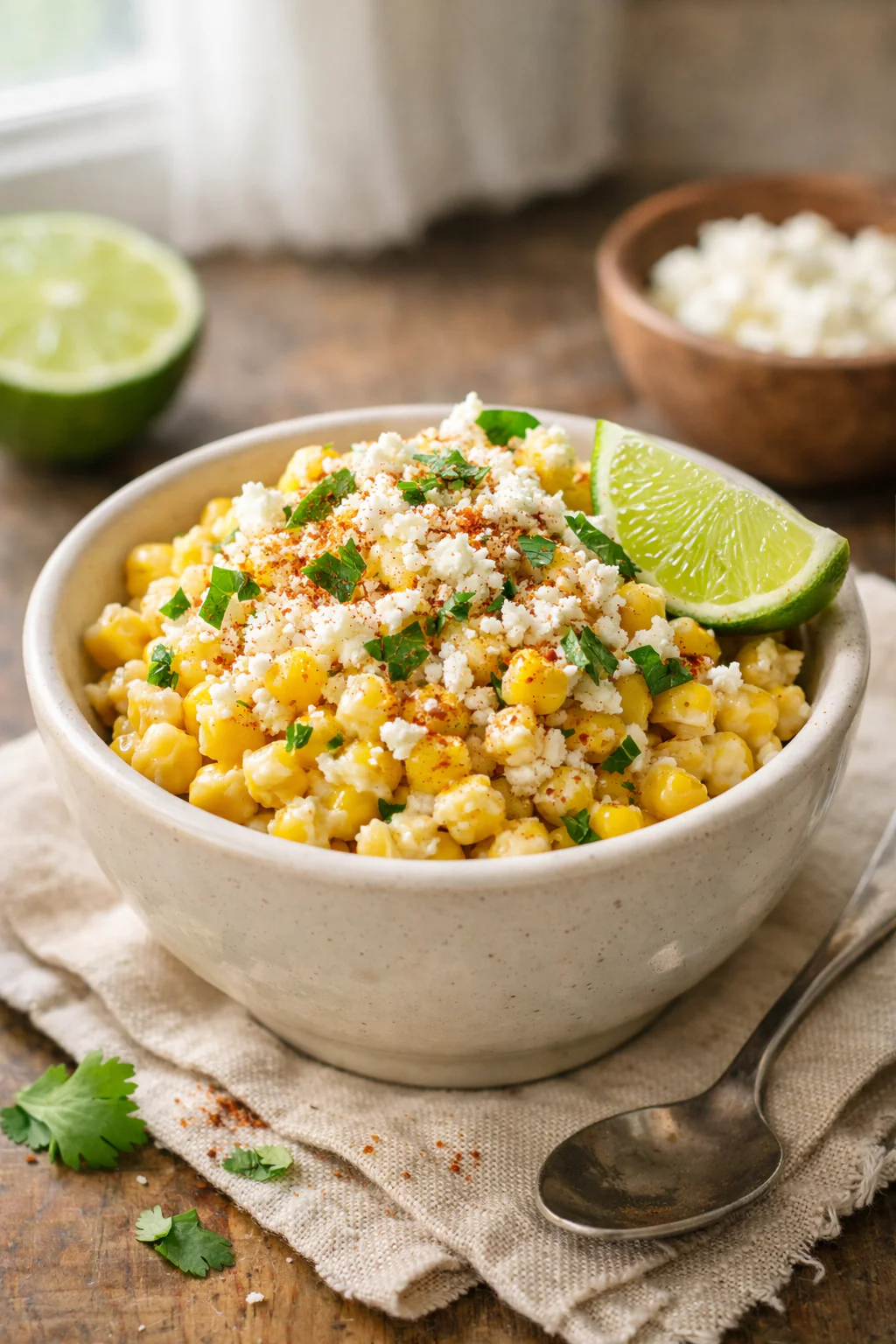 Mexican street corn on a plate with lime and cheese