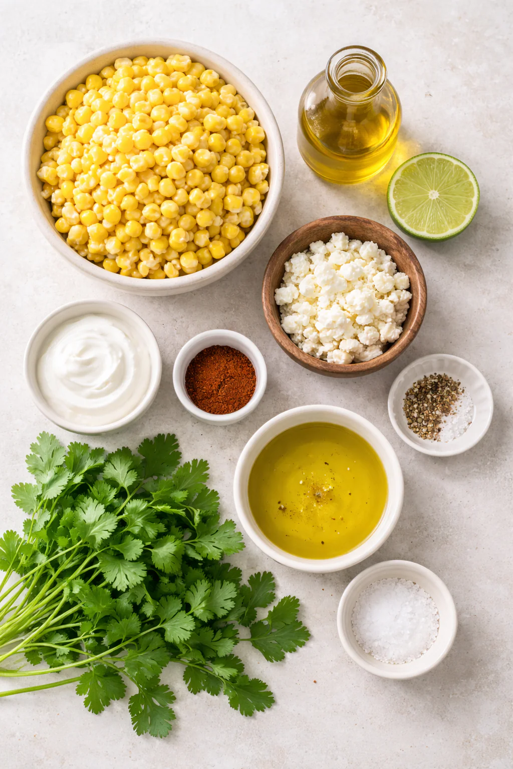 Ingredients for Mexican street corn arranged on a counter