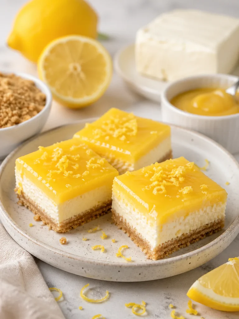 No-bake lemon cheesecake bars with graham cracker crust and lemon curd topping.