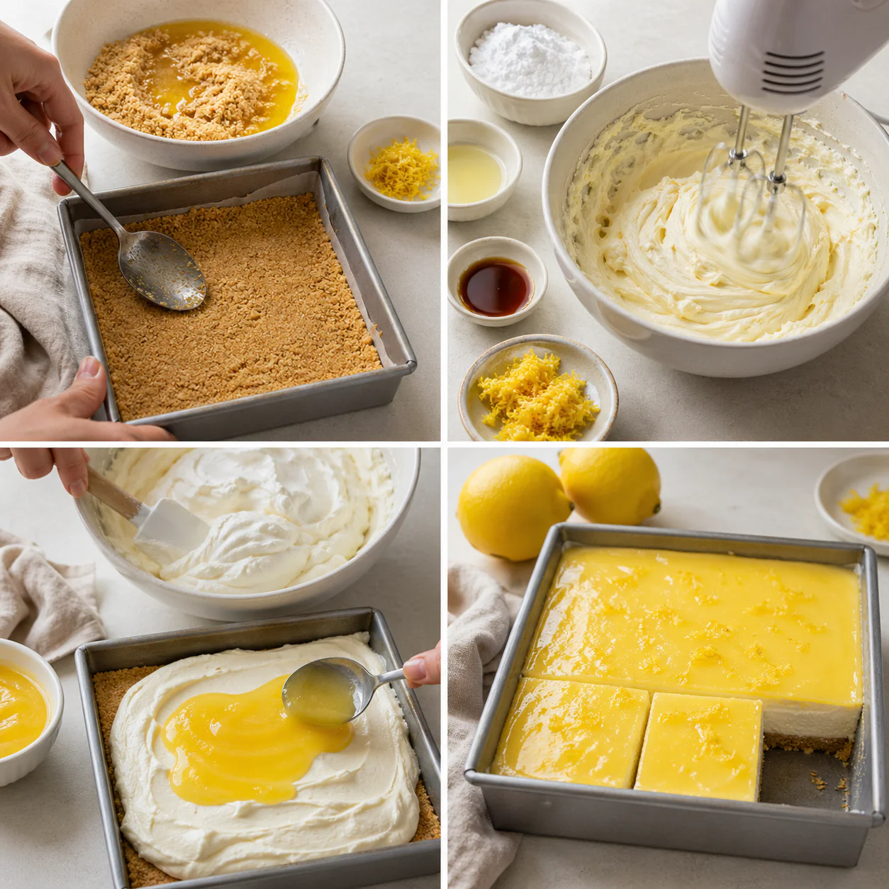 Step by step preparation of no-bake lemon cheesecake bars