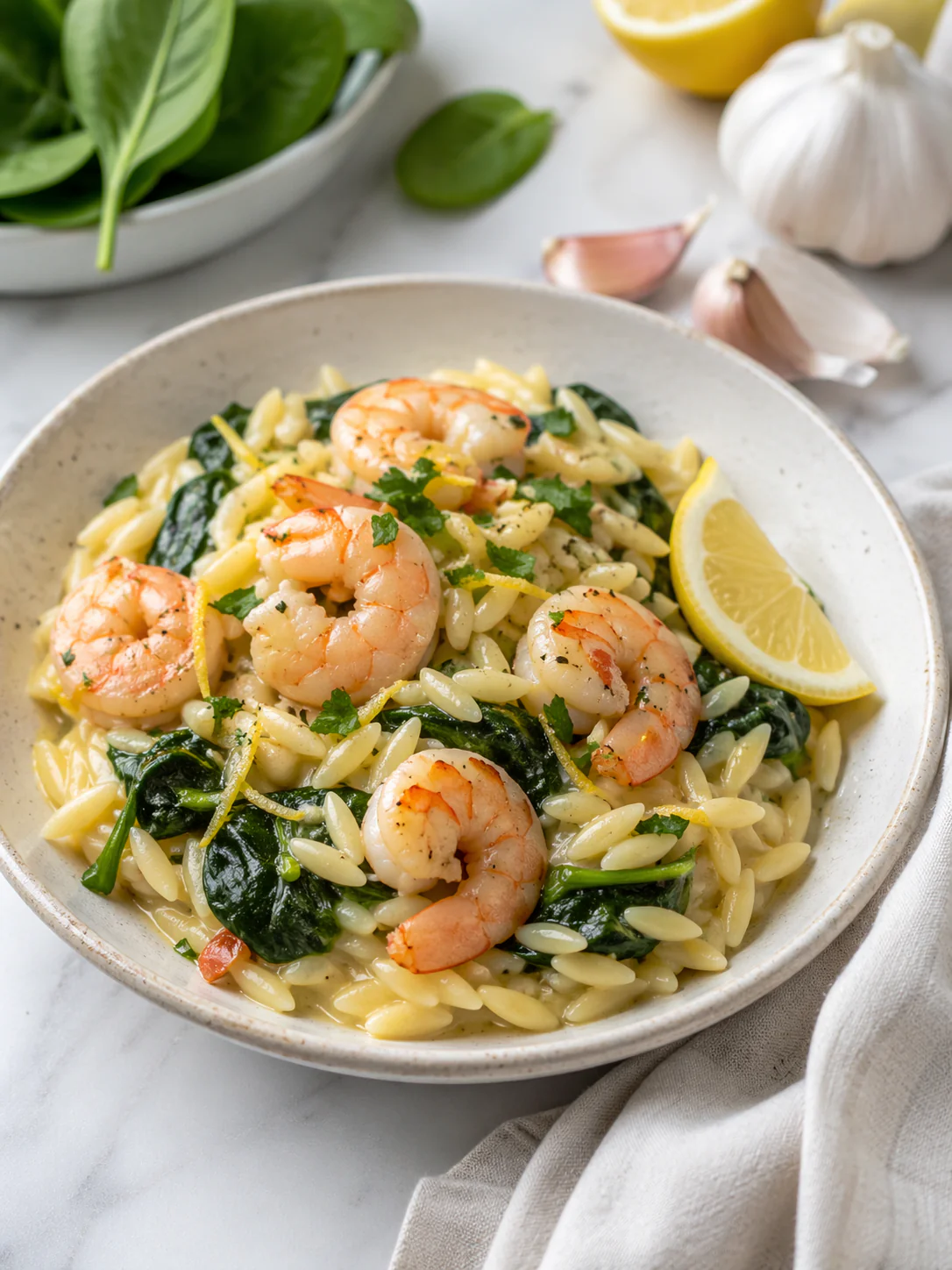 One pot lemon garlic shrimp orzo in a shallow bowl topped with parsley