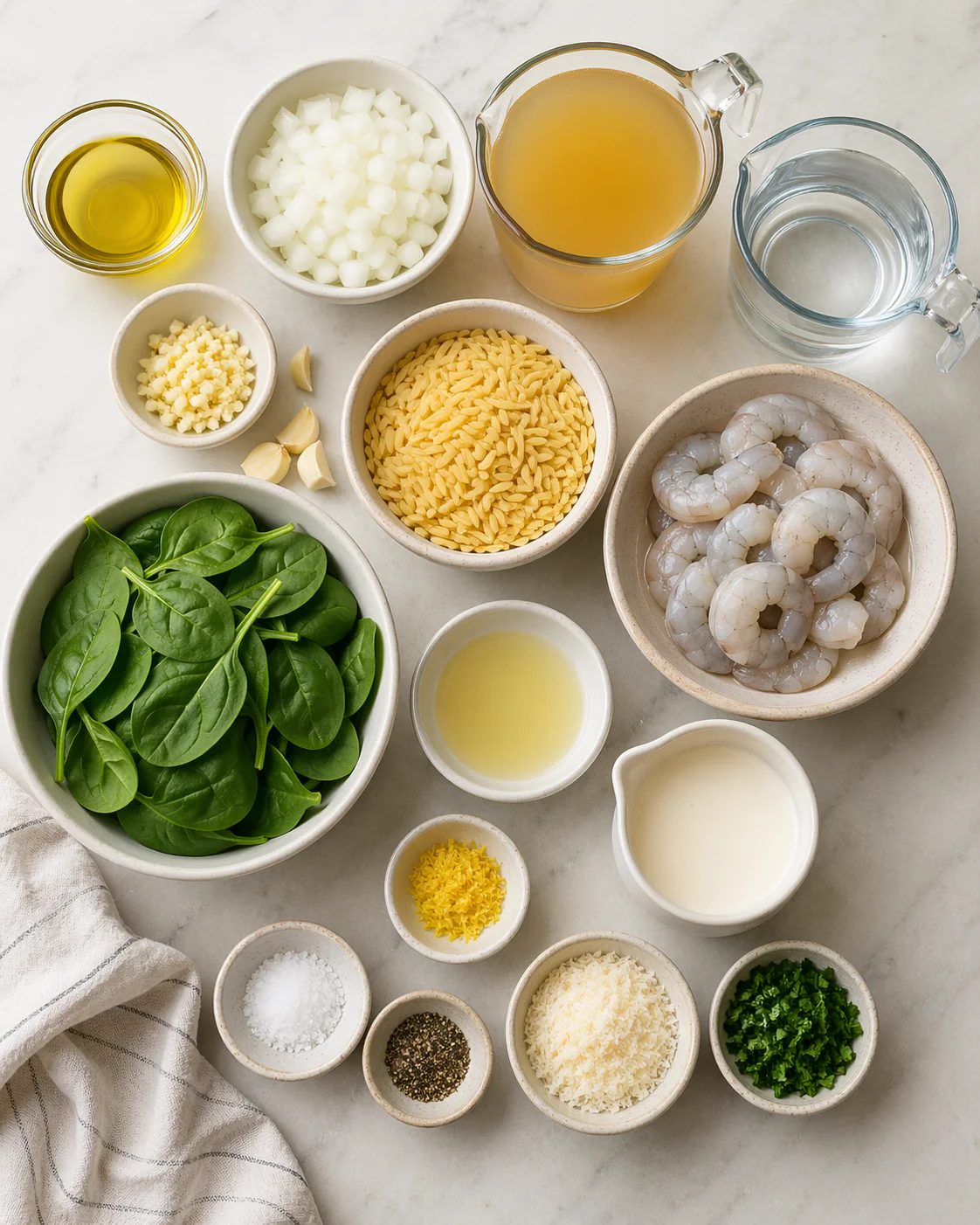 Ingredients for lemon garlic shrimp orzo arranged on a counter