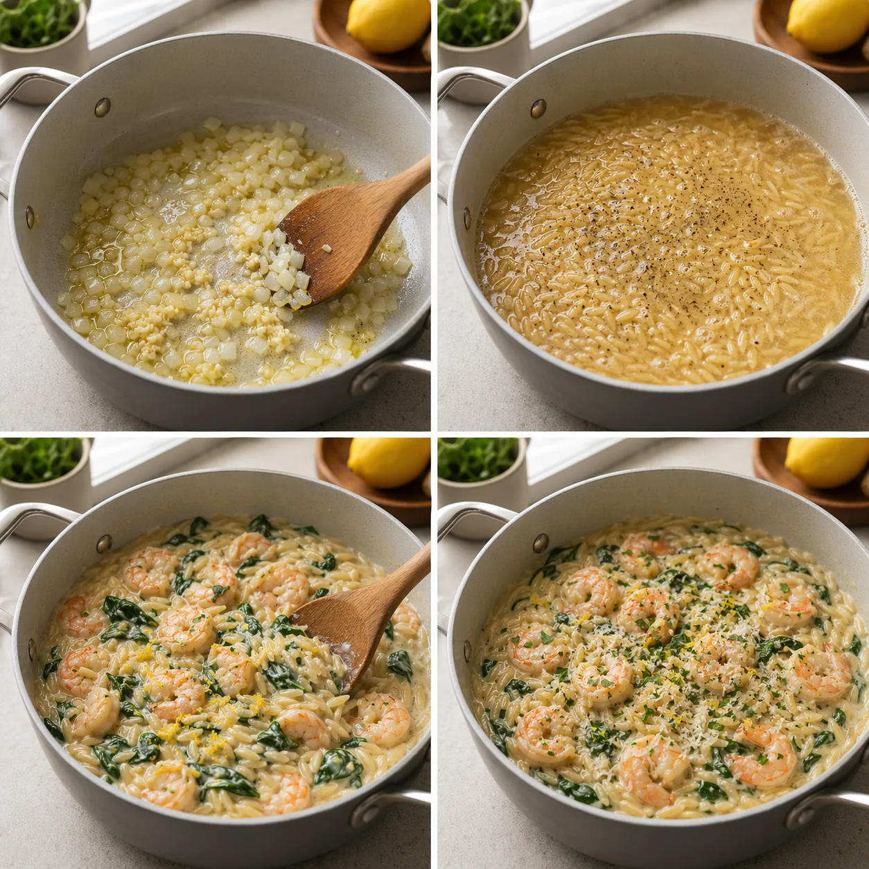 Cooking steps for shrimp orzo in a pot on the stove