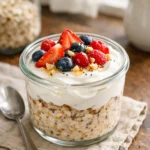 overnight oats with Greek yogurt in glass jar