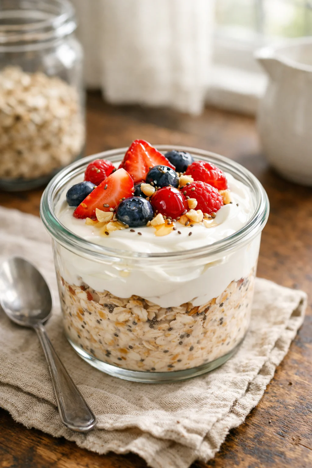 Jar of overnight oats with Greek yogurt and soft fruit on top