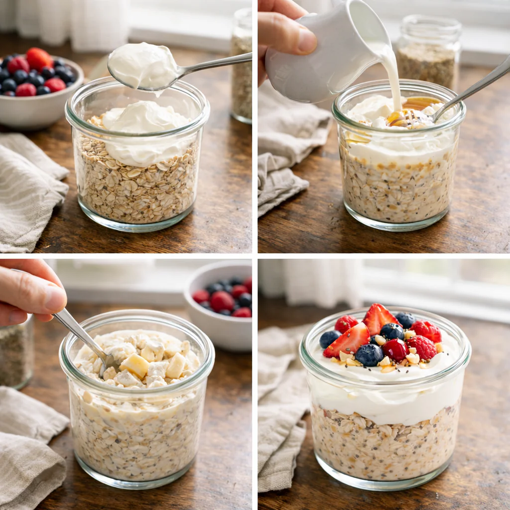 Step by step jars of overnight oats being prepared and stored in the fridge